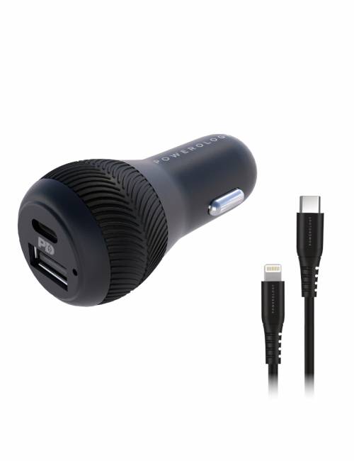 Dual Port Car Charger 30W USB 2.4A + PD 18W with Type-C to Mfi Lighting Cable 0.9M