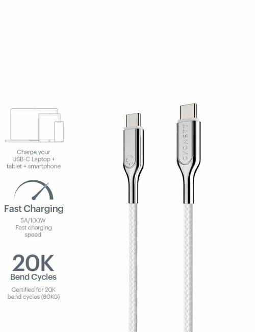 Cygnett - Armoured 3.1 USB-C to USB-C (5Amp/100W) Cable 1M -White