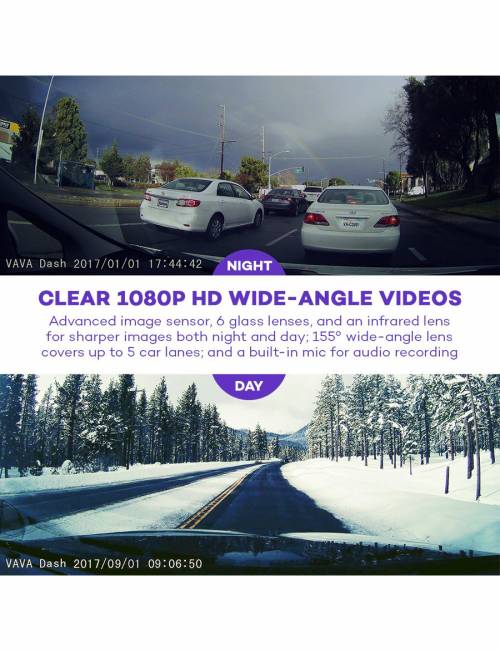 VAVA - Dash Cam with Sony Image Sensor Car DVR for 1080p 60fps Clear HD Videos
