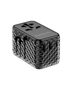 PWCUQC028-BK Powerology Universal Adapter PD 20W Type-C Port and 2XUSB A 15W Port with Attached Type-C Cable - Black