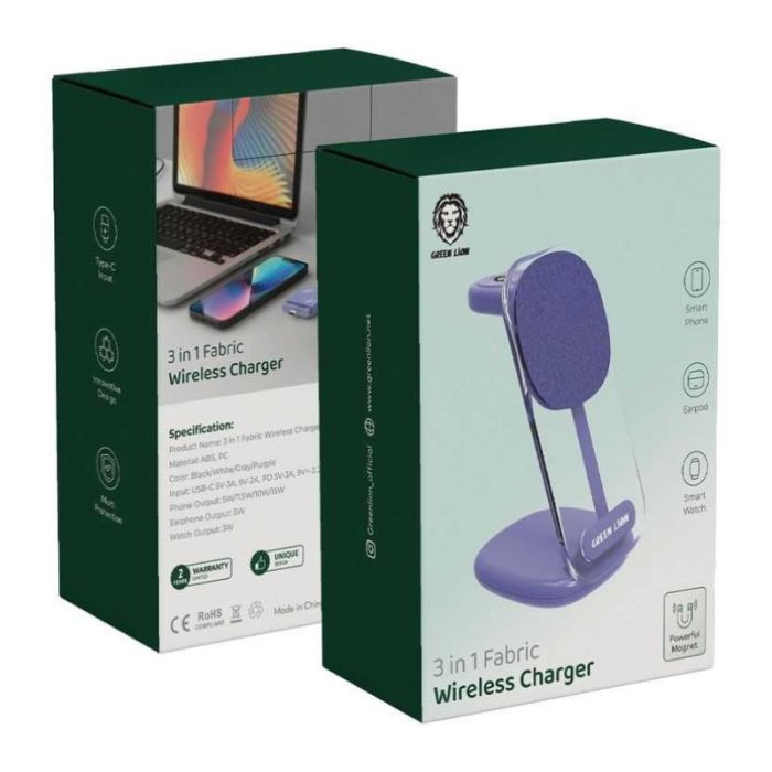 GN3N1FAWIRCPL Green Lion 3 in 1 Fabric Wireless Charger 15W - Purple