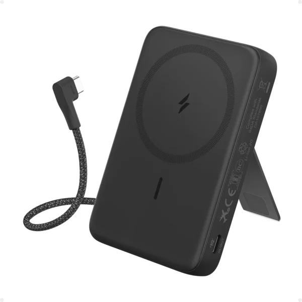 Anker Zolo 10,000mAh Magnetic Wireless Portable Power Bank with 30W Max Fast Charging, Built-in USB-C Cable and Adjustable Stand - Black