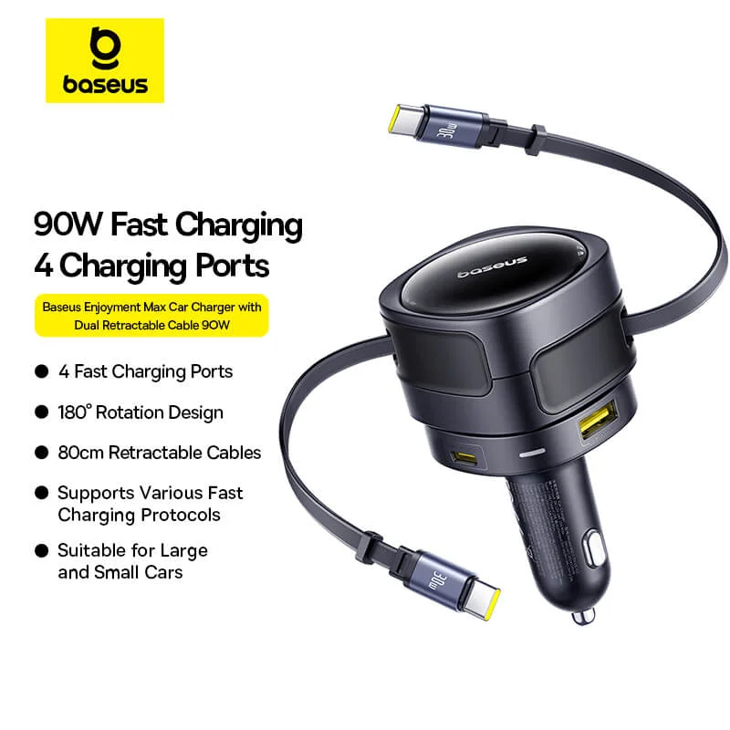 Baseus Enjoyment Max Car Charger with Dual Retractable Cable 90W Baseus Enjoyment Max Car Charger with Dual Retractable Cable 90W - Image 1
