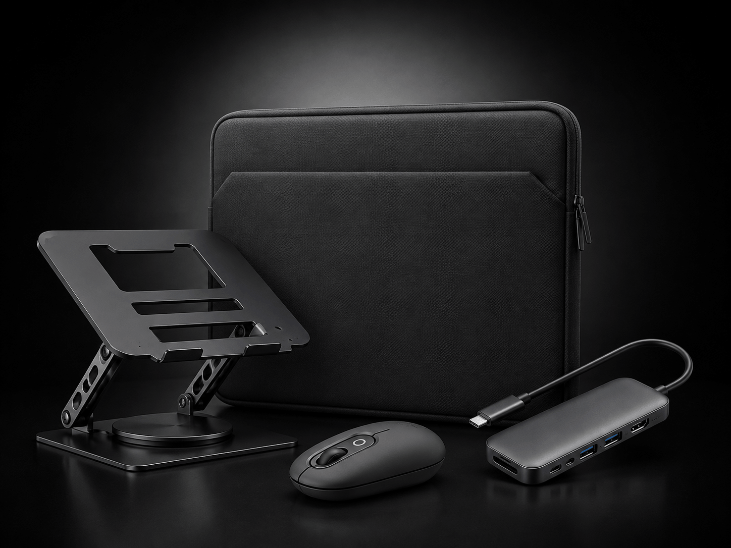 Mac accessories including laptop sleeve, laptop stand, USB-C hub and wireless mouse