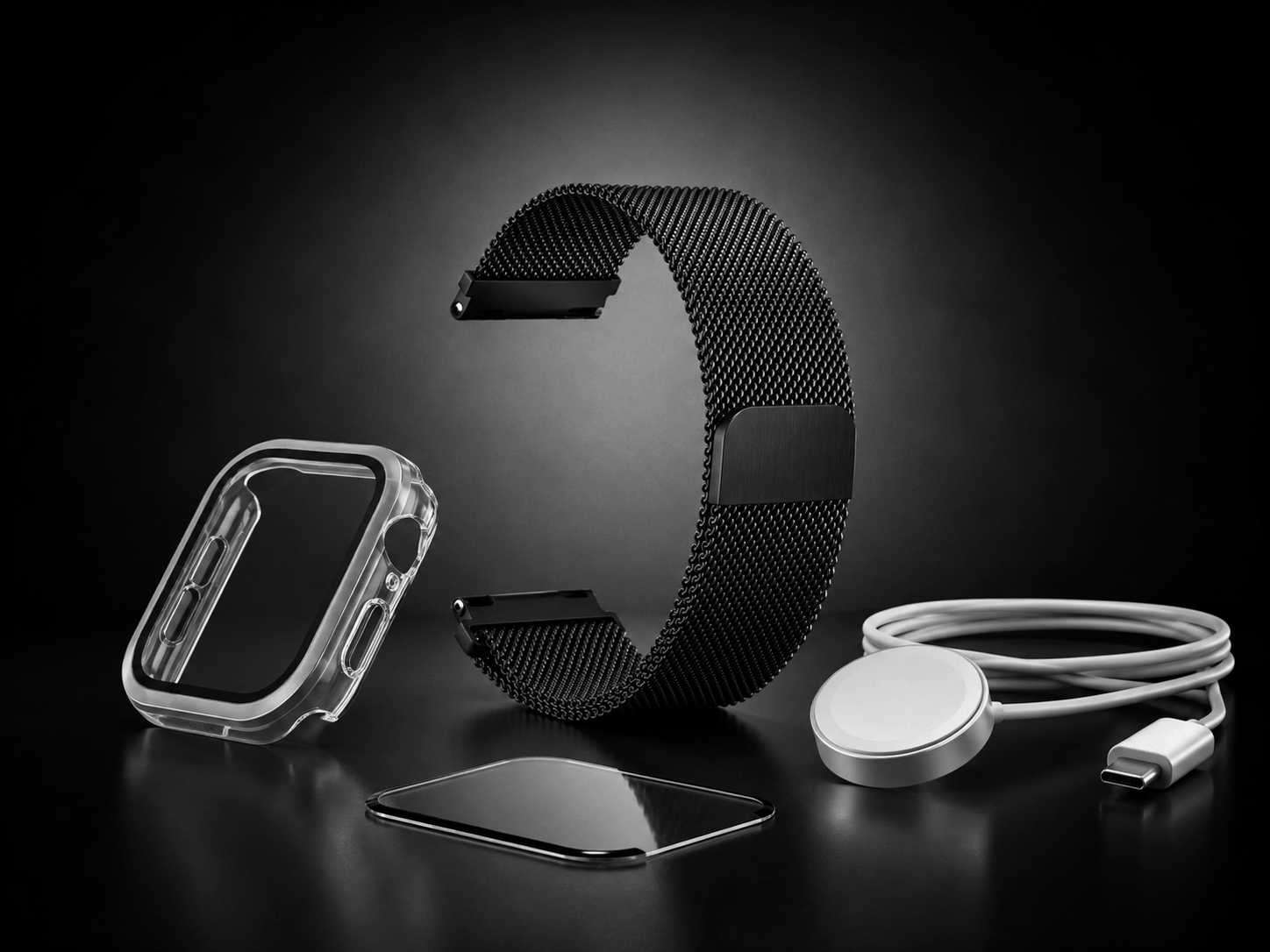 Watch accessories including watch strap, protective case, screen protector and magnetic charger