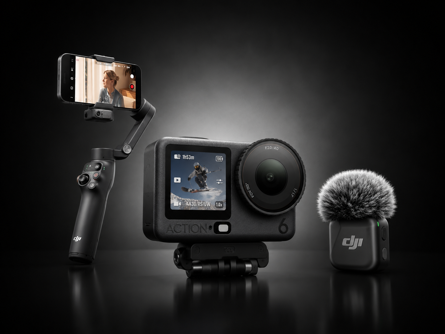 Cameras and creator accessories including action camera, gimbal and microphone